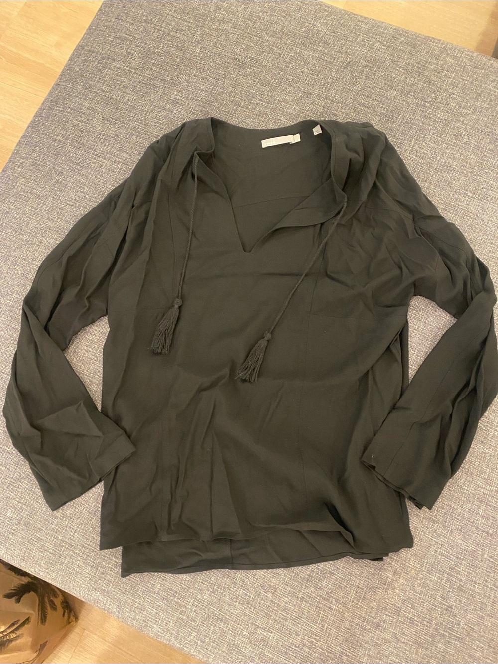 Vince Black Tassel Tie V-Neck Pullover Blouse